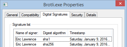 Windows File Properties show two signatures